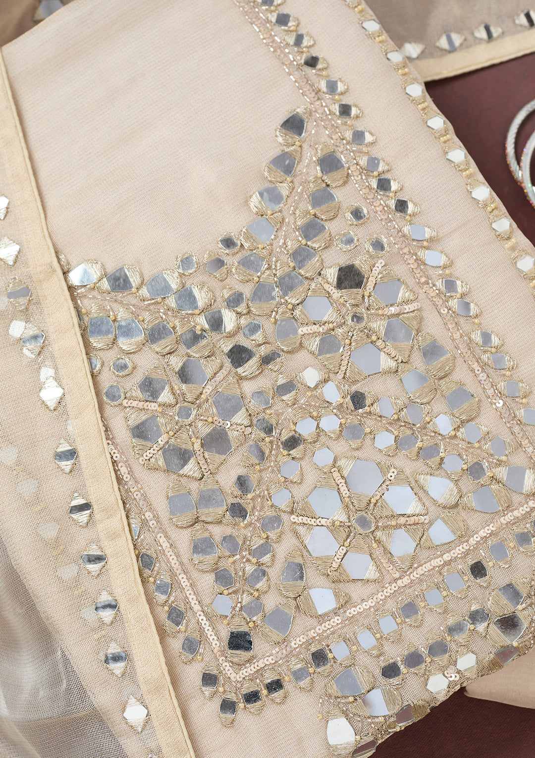 Beige Tissue Mirrorwork Unstitched Dress Material With Matching Bottom And Dupatta