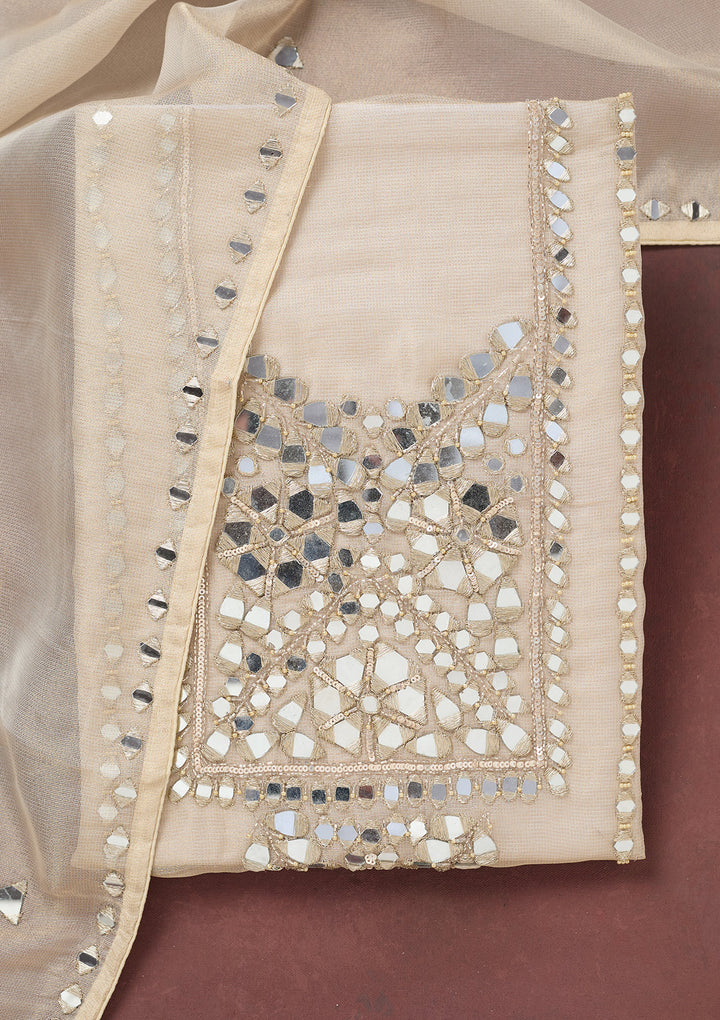 Beige Tissue Mirrorwork Unstitched Dress Material With Matching Bottom And Dupatta