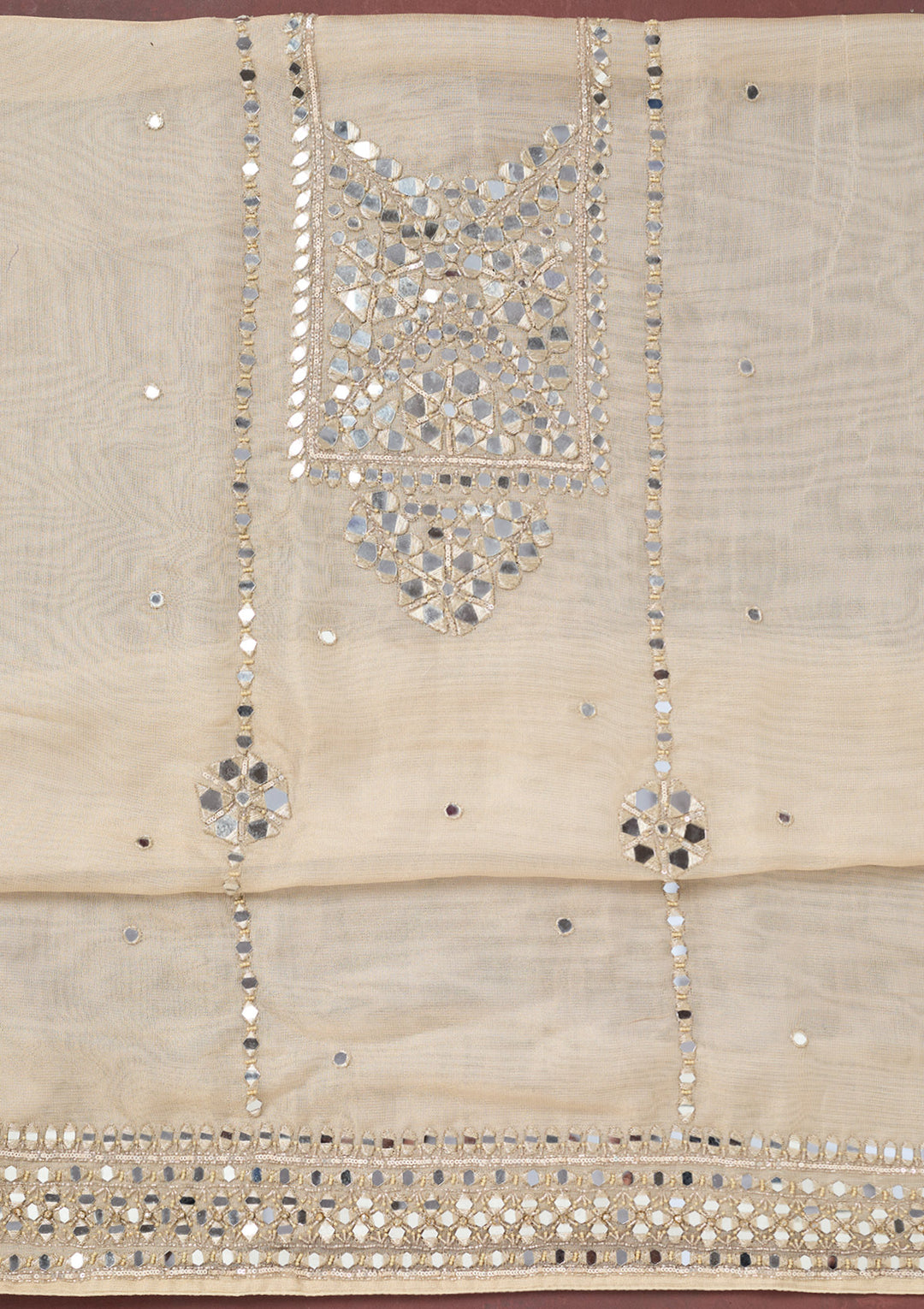 Beige Tissue Mirrorwork Unstitched Dress Material With Matching Bottom And Dupatta