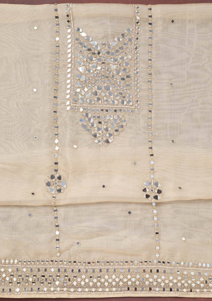 Beige Tissue Mirrorwork Unstitched Dress Material With Matching Bottom And Dupatta