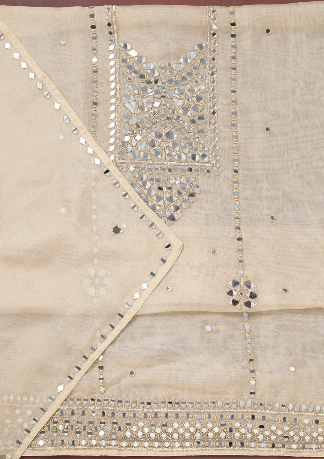 Beige Tissue Mirrorwork Unstitched Dress Material With Matching Bottom And Dupatta