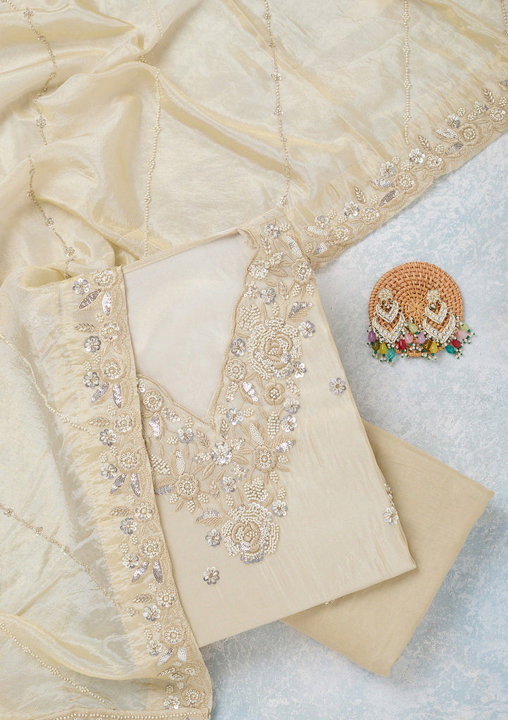 Cream Crepe Aariwork Unstitched Dress Material With Matching Bottom And Dupatta