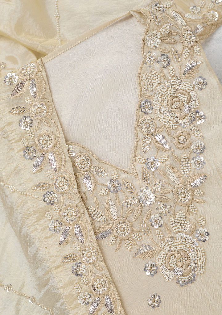 Cream Crepe Aariwork Unstitched Dress Material With Matching Bottom And Dupatta