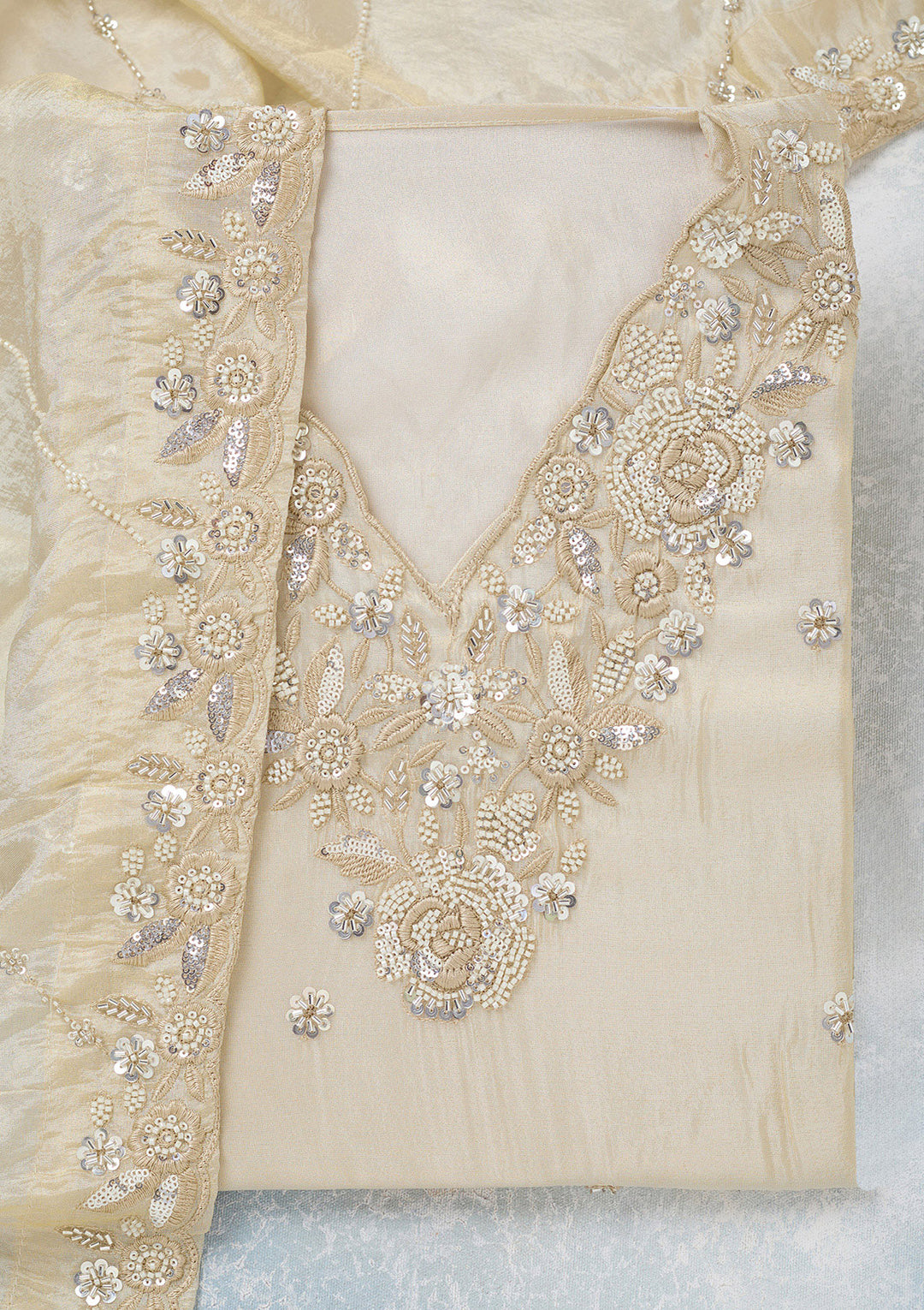 Cream Crepe Aariwork Unstitched Dress Material With Matching Bottom And Dupatta