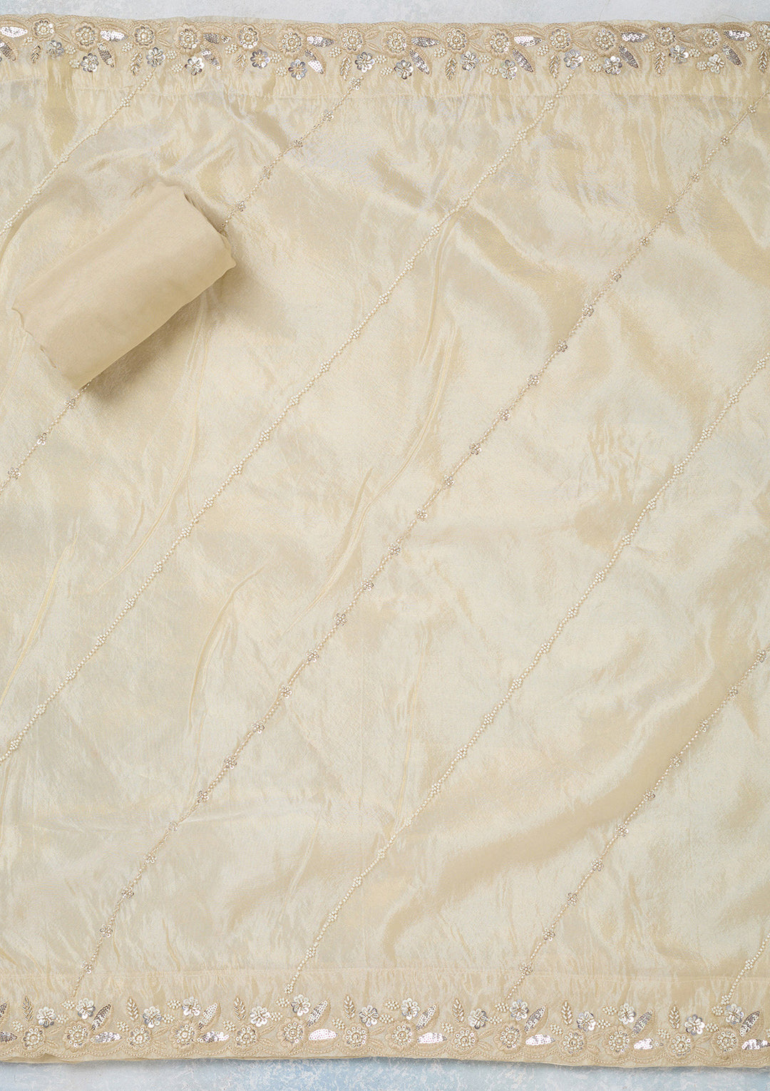 Cream Crepe Aariwork Unstitched Dress Material With Matching Bottom And Dupatta