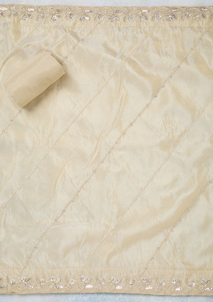 Cream Crepe Aariwork Unstitched Dress Material With Matching Bottom And Dupatta