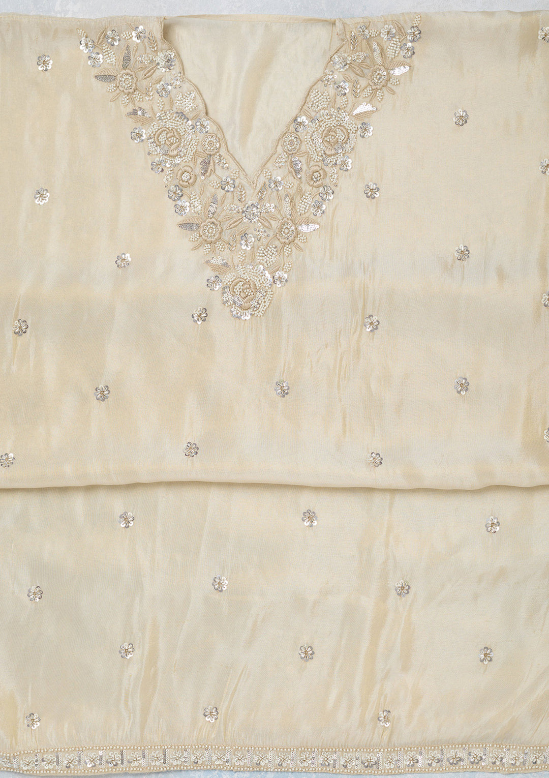 Cream Crepe Aariwork Unstitched Dress Material With Matching Bottom And Dupatta
