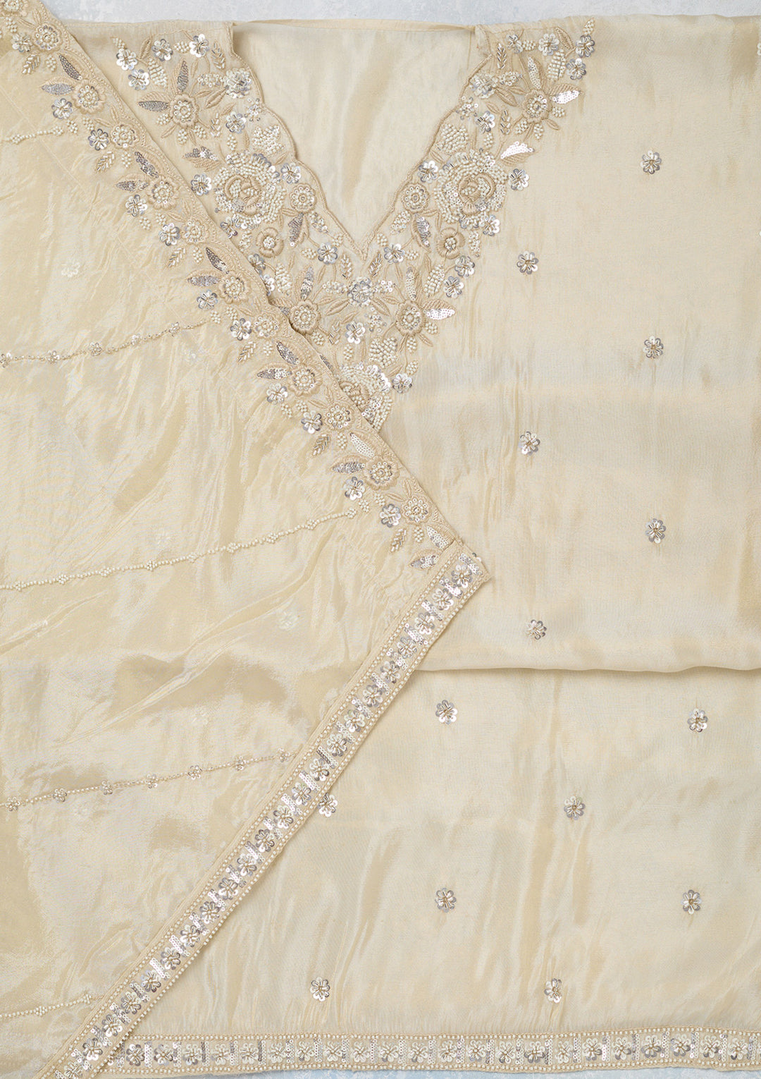 Cream Crepe Aariwork Unstitched Dress Material With Matching Bottom And Dupatta