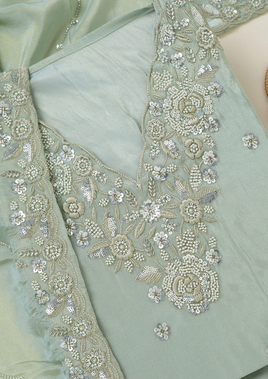 Sea Green Crepe Aariwork Unstitched Dress Material With Matching Bottom And Dupatta
