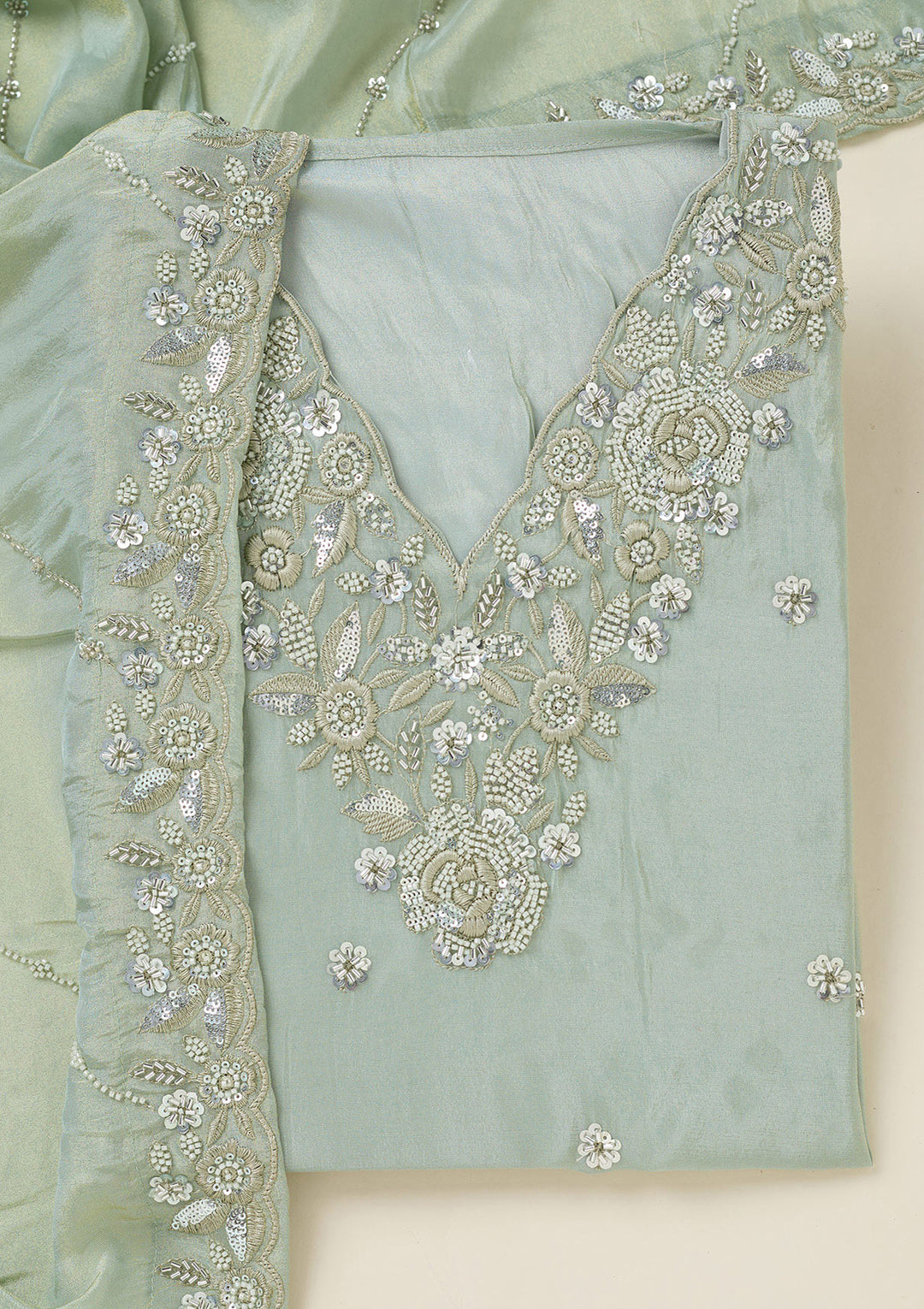 Sea Green Crepe Aariwork Unstitched Dress Material With Matching Bottom And Dupatta
