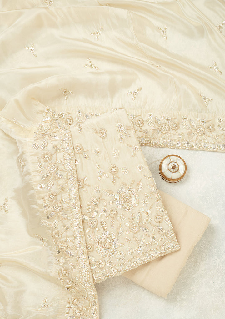 Cream Tissue Silver Stonework Unstitched Dress Material With Matching Bottom And Dupatta