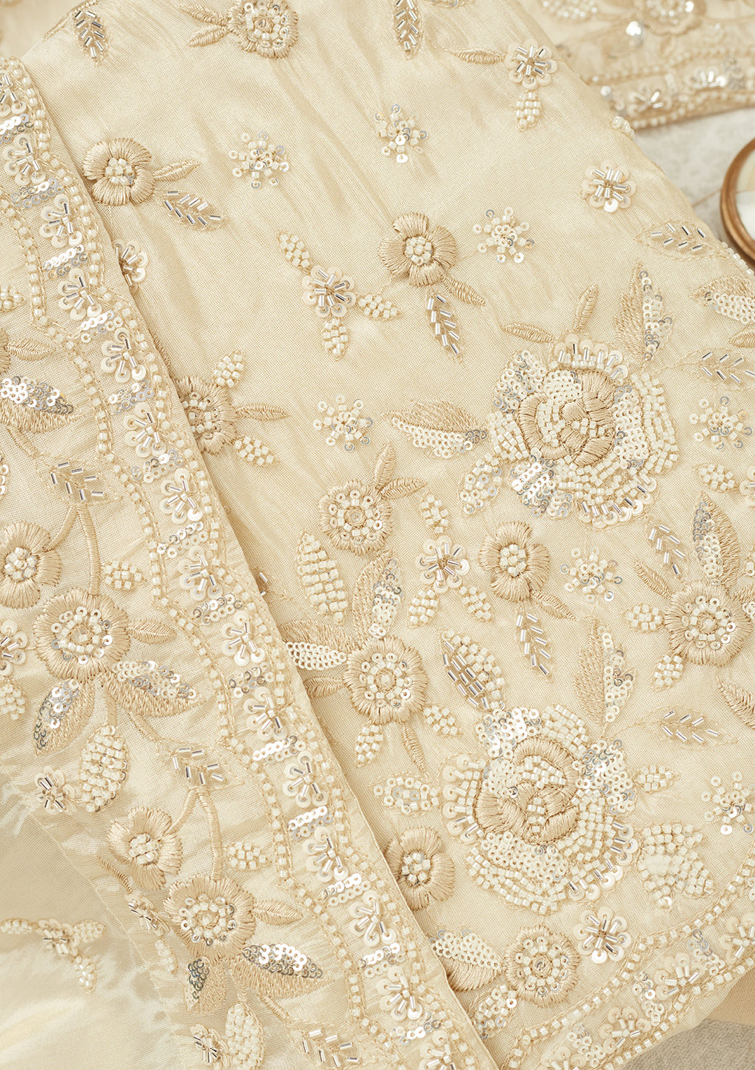 Cream Tissue Silver Stonework Unstitched Dress Material With Matching Bottom And Dupatta