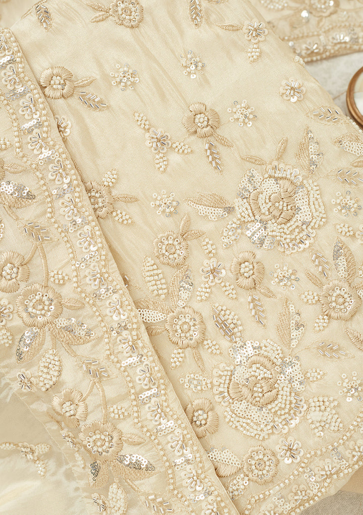 Cream Tissue Silver Stonework Unstitched Dress Material With Matching Bottom And Dupatta