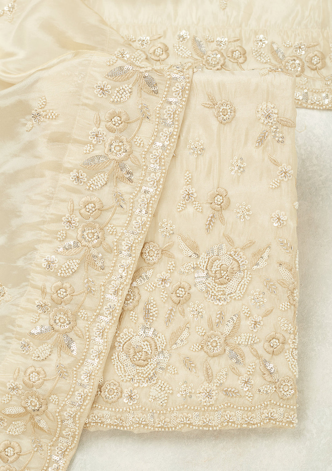 Cream Tissue Silver Stonework Unstitched Dress Material With Matching Bottom And Dupatta