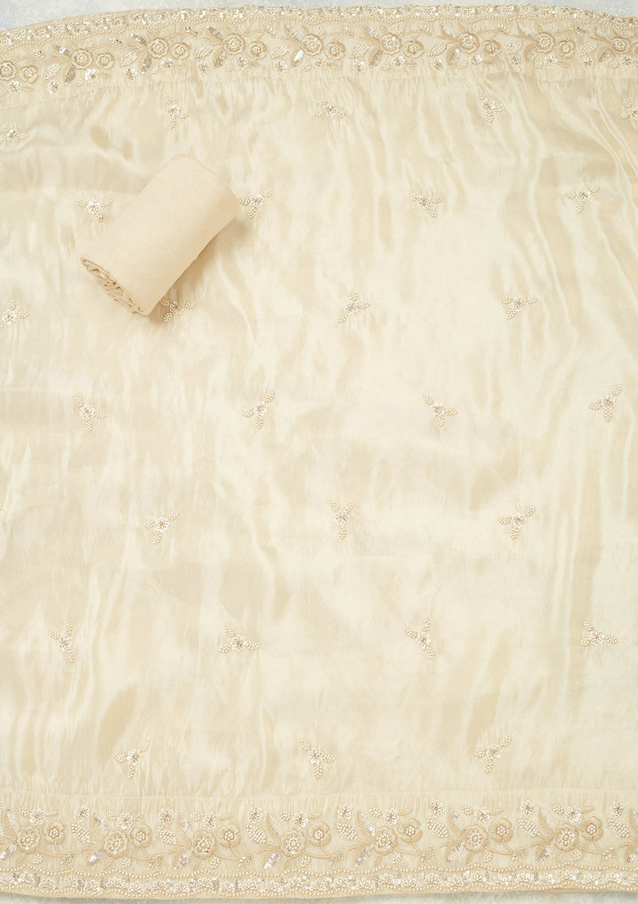 Cream Tissue Silver Stonework Unstitched Dress Material With Matching Bottom And Dupatta