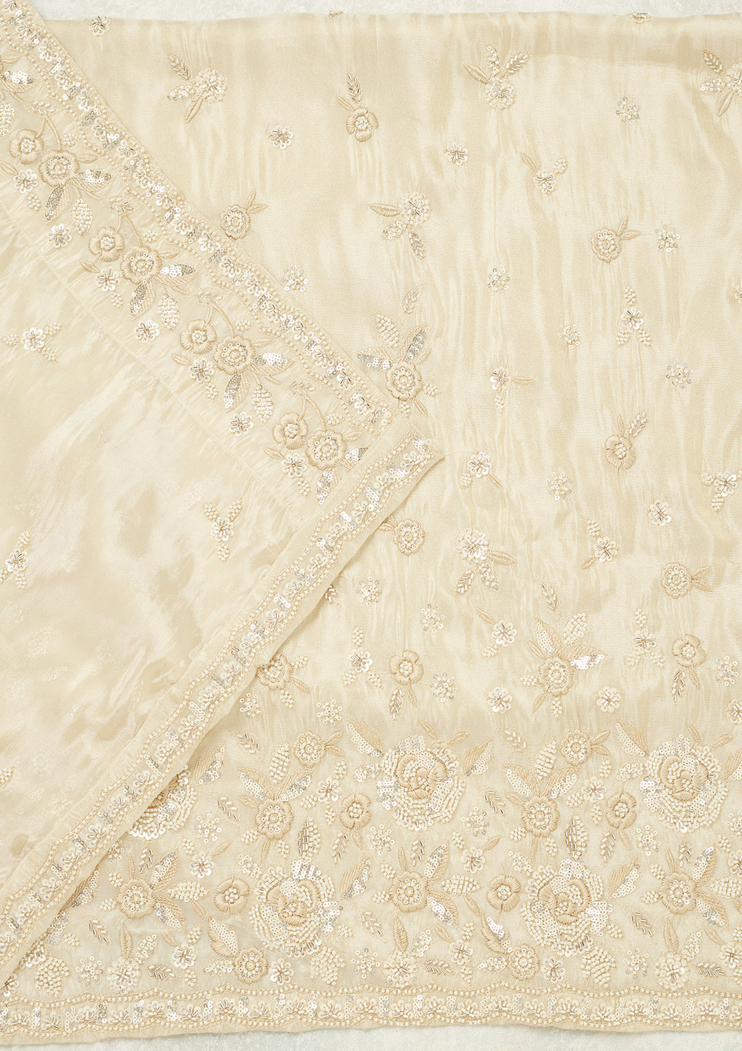 Cream Tissue Silver Stonework Unstitched Dress Material With Matching Bottom And Dupatta