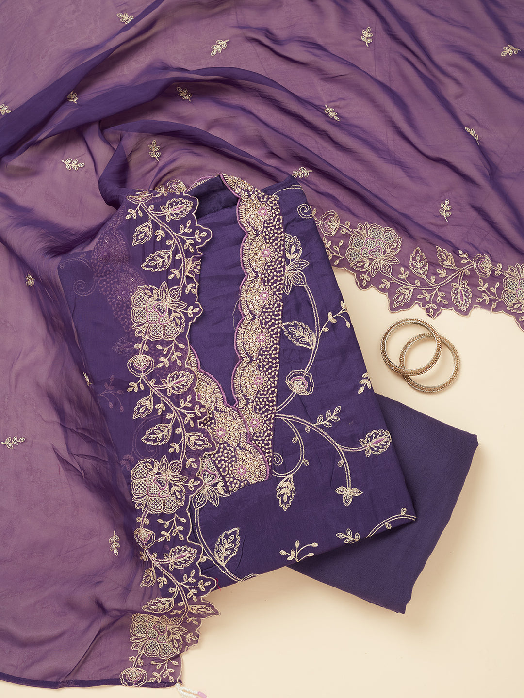 Purple Chanderi Gold Zariwork Unstitched Dress Material With Matching Bottom And Dupatta