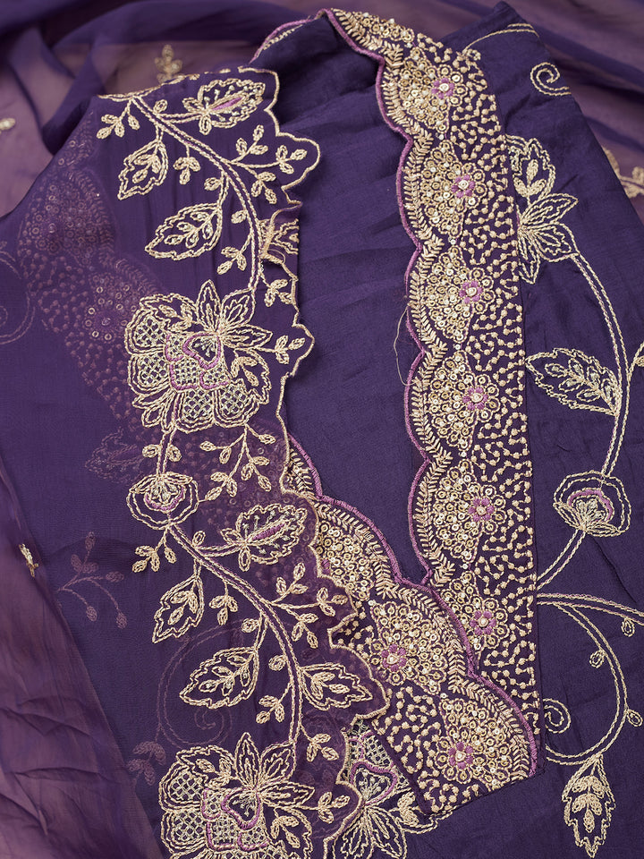 Purple Chanderi Gold Zariwork Unstitched Dress Material With Matching Bottom And Dupatta