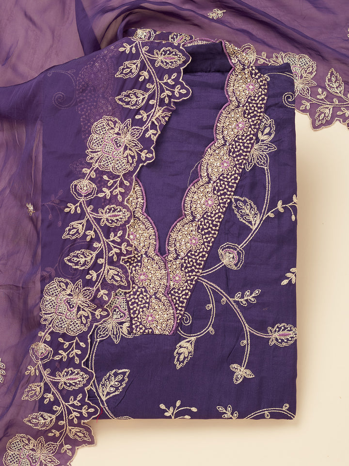 Purple Chanderi Gold Zariwork Unstitched Dress Material With Matching Bottom And Dupatta