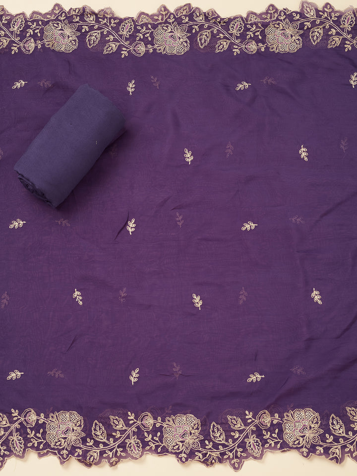 Purple Chanderi Gold Zariwork Unstitched Dress Material With Matching Bottom And Dupatta