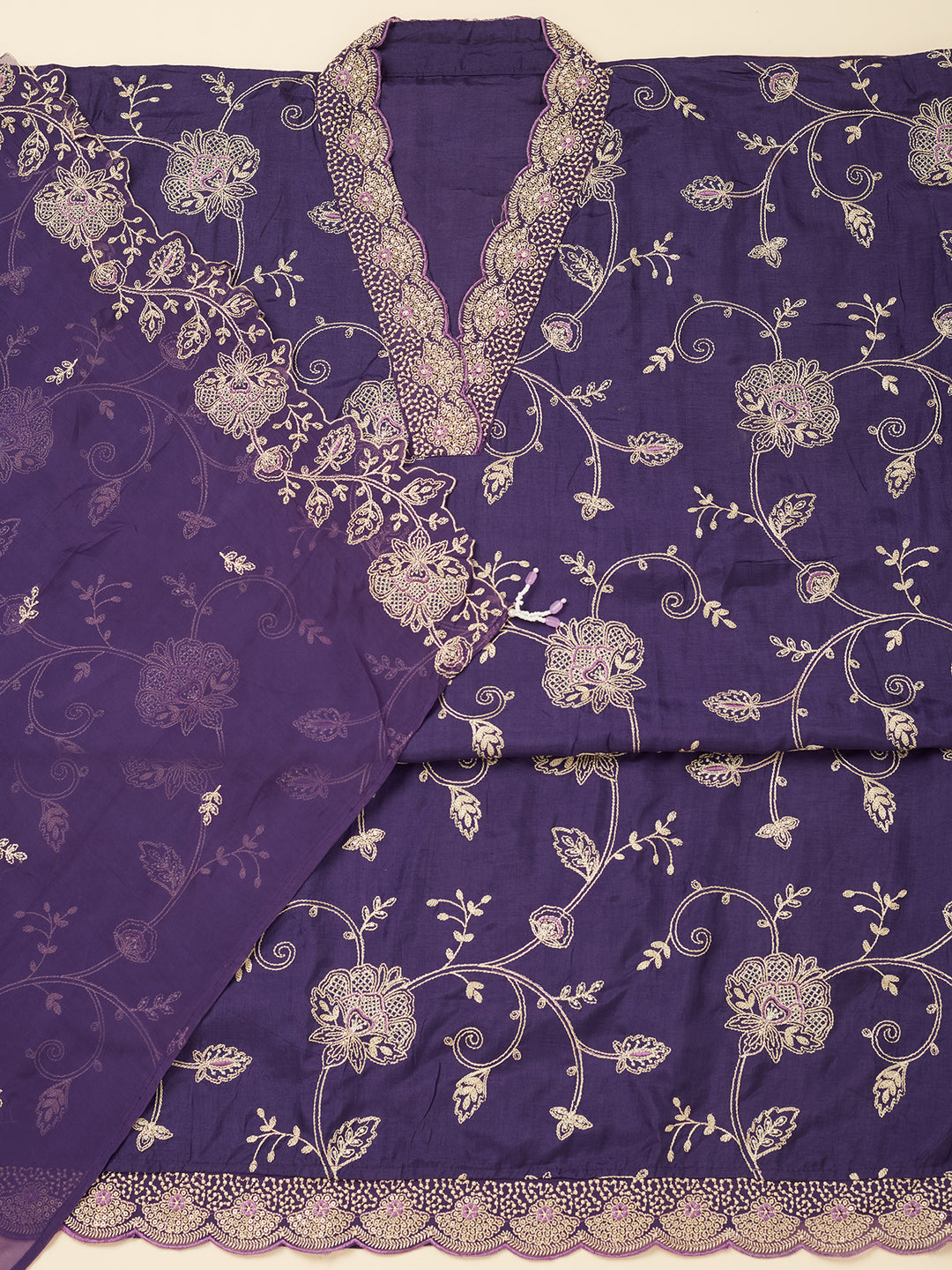 Purple Chanderi Gold Zariwork Unstitched Dress Material With Matching Bottom And Dupatta