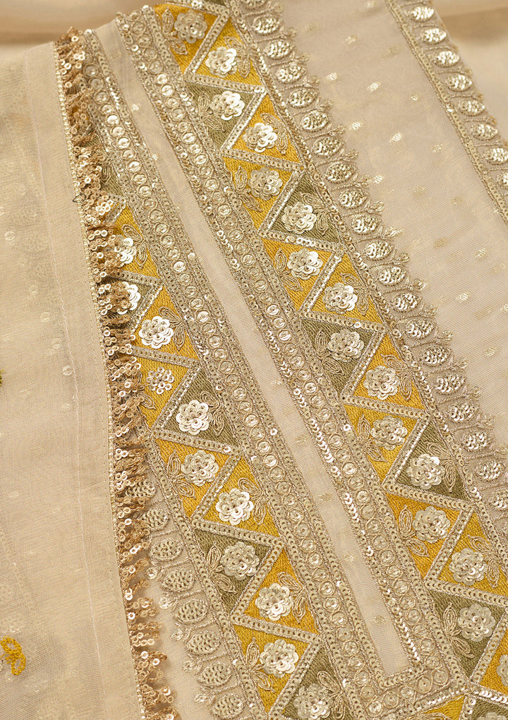 Beige Threadwork Tissue Unstitched Salwar Suit