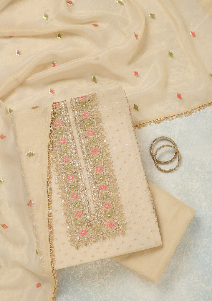 Beige Tissue Threadwork Unstitched Dress Material With Matching Bottom And Dupatta