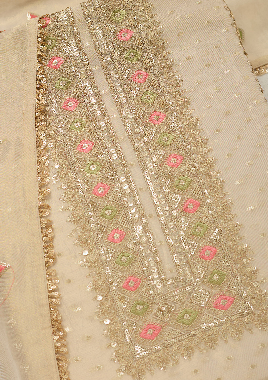 Beige Tissue Threadwork Unstitched Dress Material With Matching Bottom And Dupatta