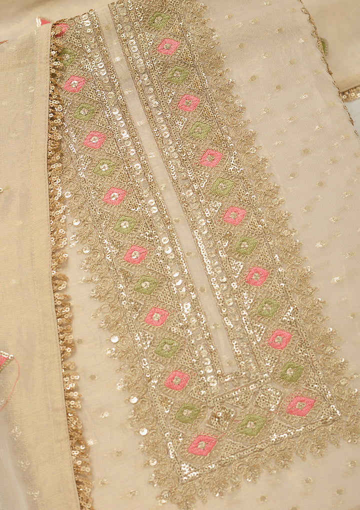 Beige Tissue Threadwork Unstitched Dress Material With Matching Bottom And Dupatta