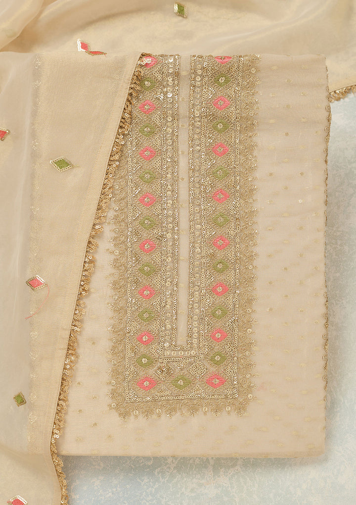 Beige Tissue Threadwork Unstitched Dress Material With Matching Bottom And Dupatta