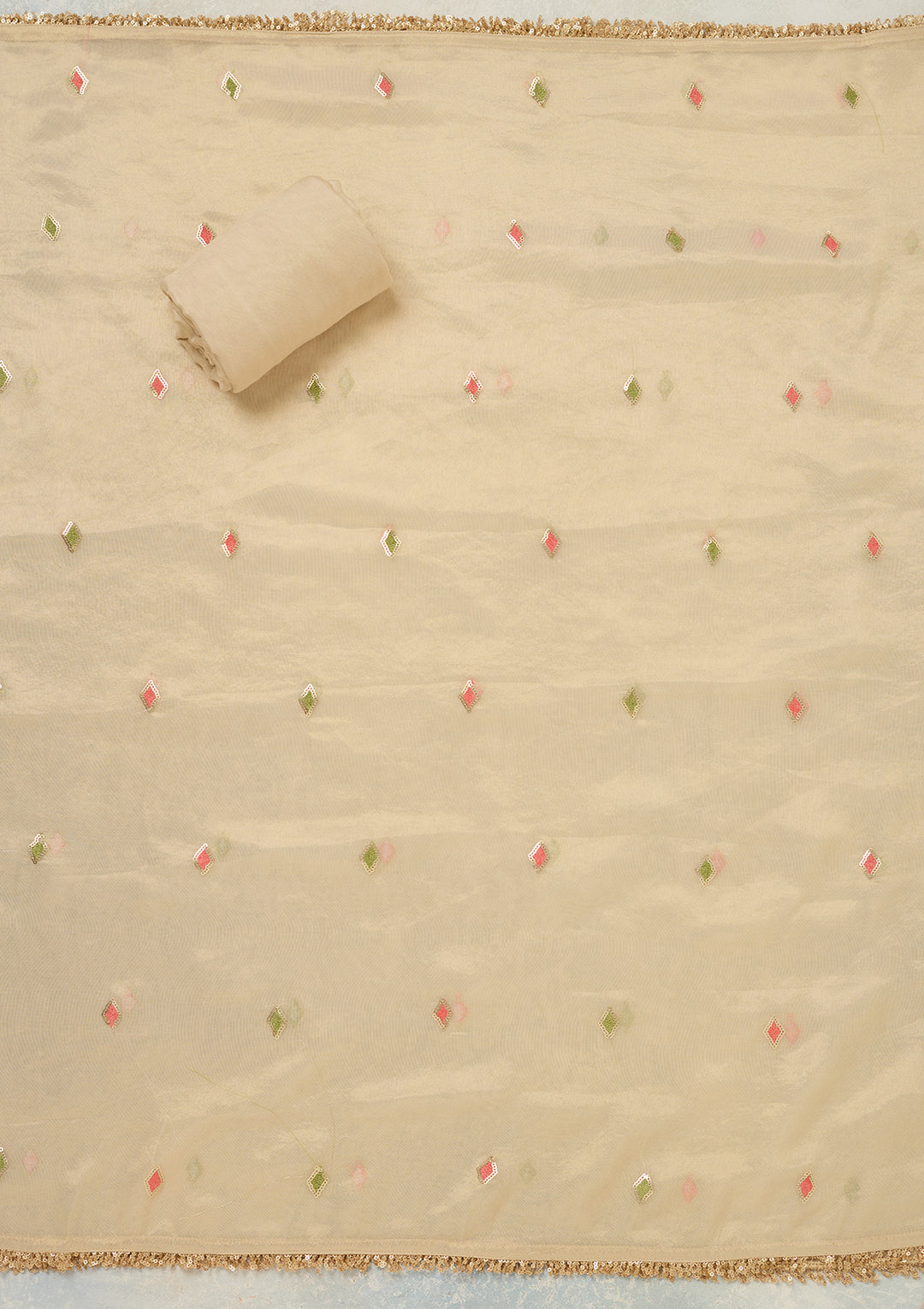 Beige Tissue Threadwork Unstitched Dress Material With Matching Bottom And Dupatta