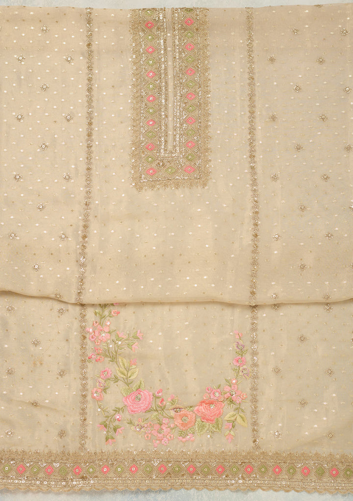 Beige Tissue Threadwork Unstitched Dress Material With Matching Bottom And Dupatta