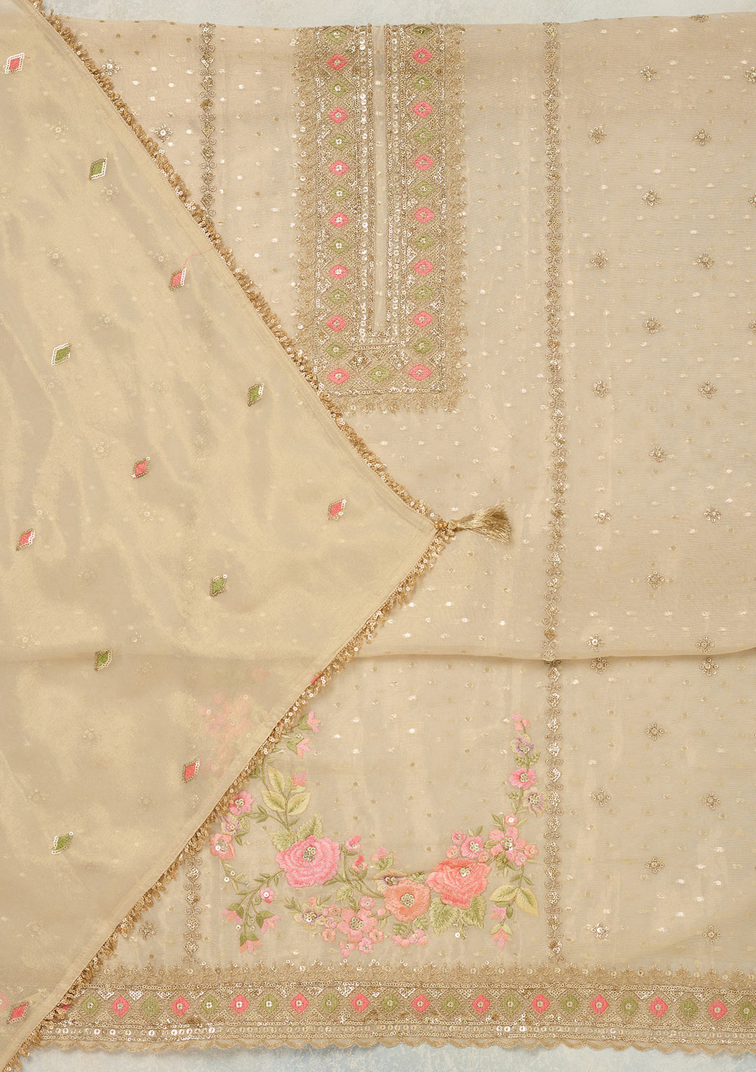 Beige Tissue Threadwork Unstitched Dress Material With Matching Bottom And Dupatta