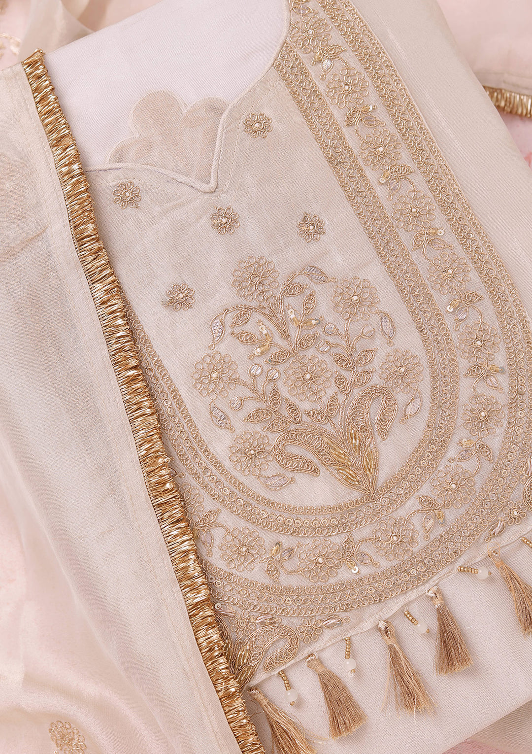 Beige Zariwork (Gold) Tissue Unstitched Salwar Suit