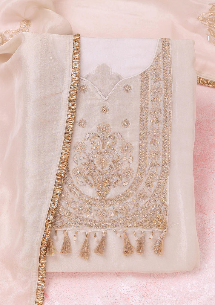 Beige Zariwork (Gold) Tissue Unstitched Salwar Suit