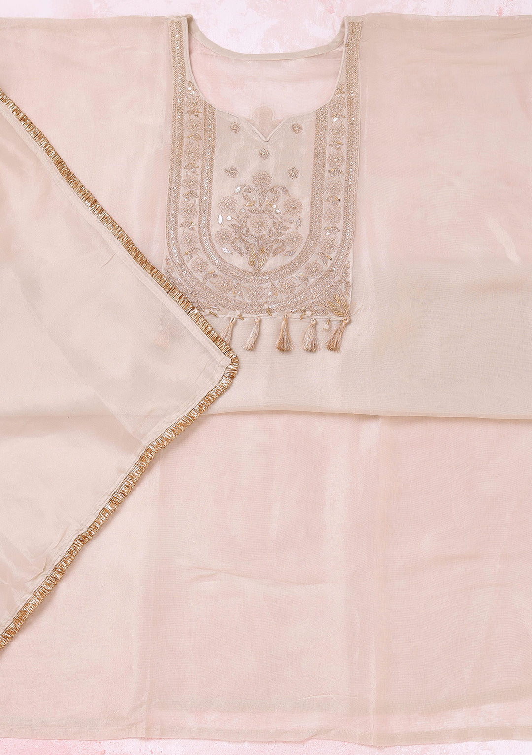 Beige Zariwork (Gold) Tissue Unstitched Salwar Suit