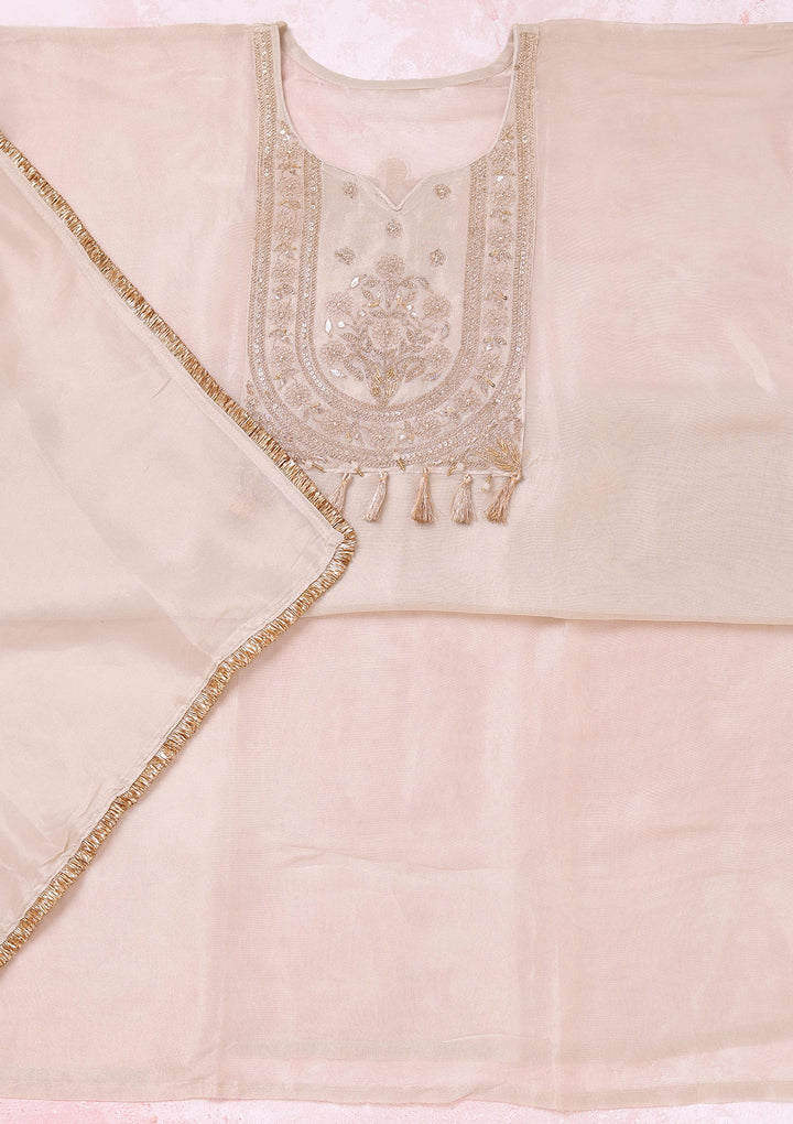 Beige Zariwork (Gold) Tissue Unstitched Salwar Suit