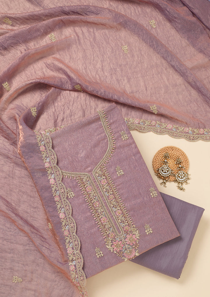 Lavender Tissue Aariwork Unstitched Dress Material With Matching Bottom And Dupatta