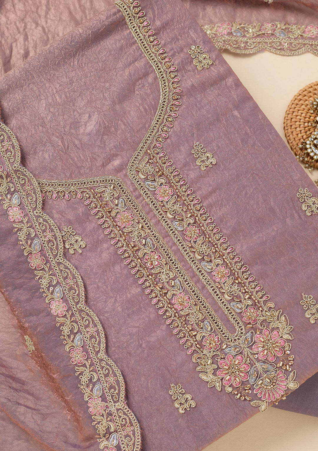 Lavender Tissue Aariwork Unstitched Dress Material With Matching Bottom And Dupatta
