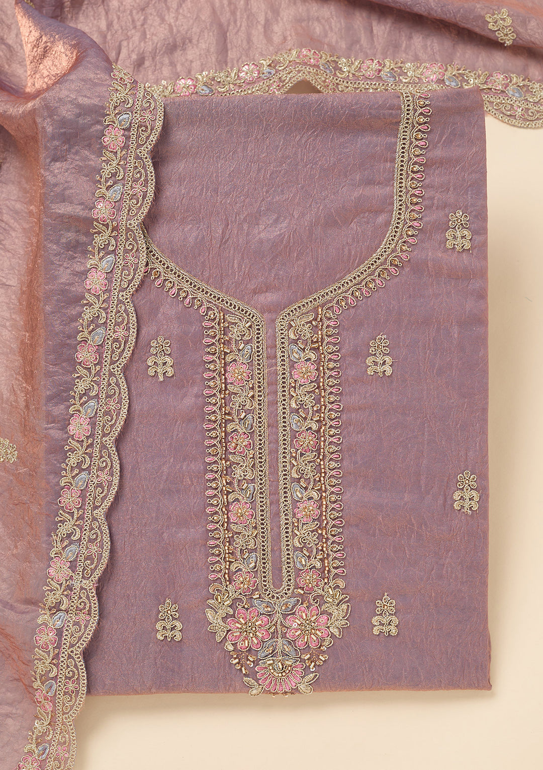 Lavender Tissue Aariwork Unstitched Dress Material With Matching Bottom And Dupatta