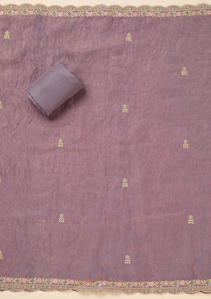 Lavender Tissue Aariwork Unstitched Dress Material With Matching Bottom And Dupatta