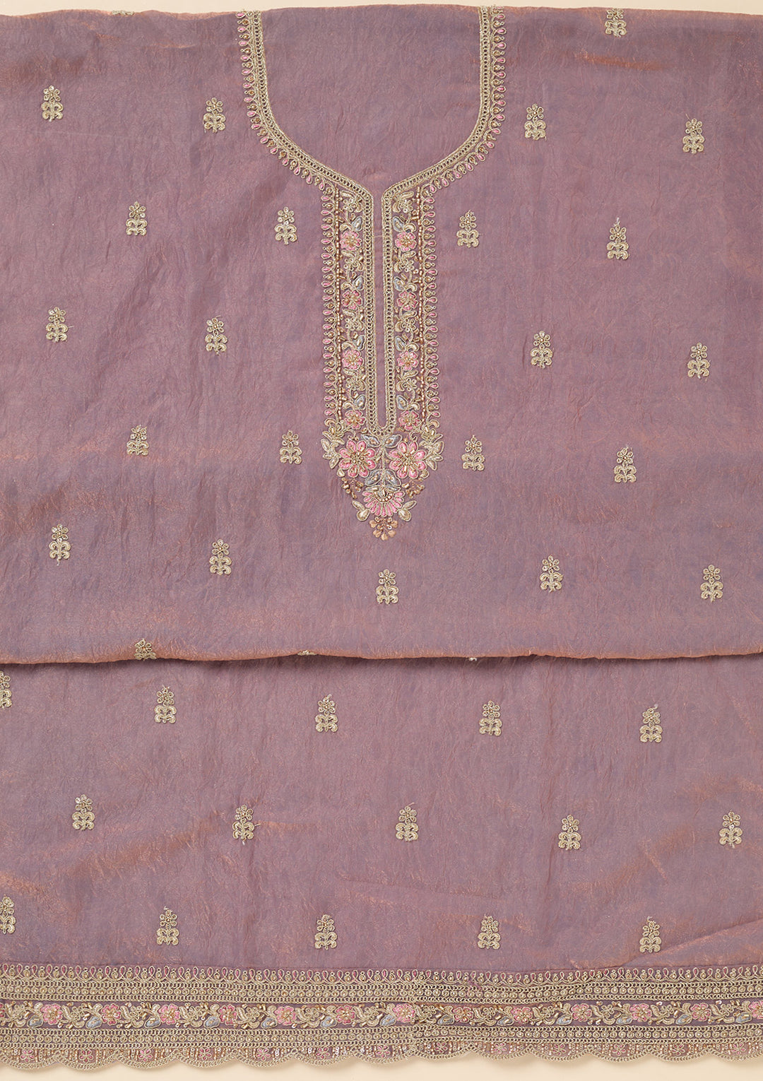 Lavender Tissue Aariwork Unstitched Dress Material With Matching Bottom And Dupatta