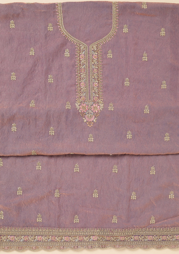 Lavender Tissue Aariwork Unstitched Dress Material With Matching Bottom And Dupatta