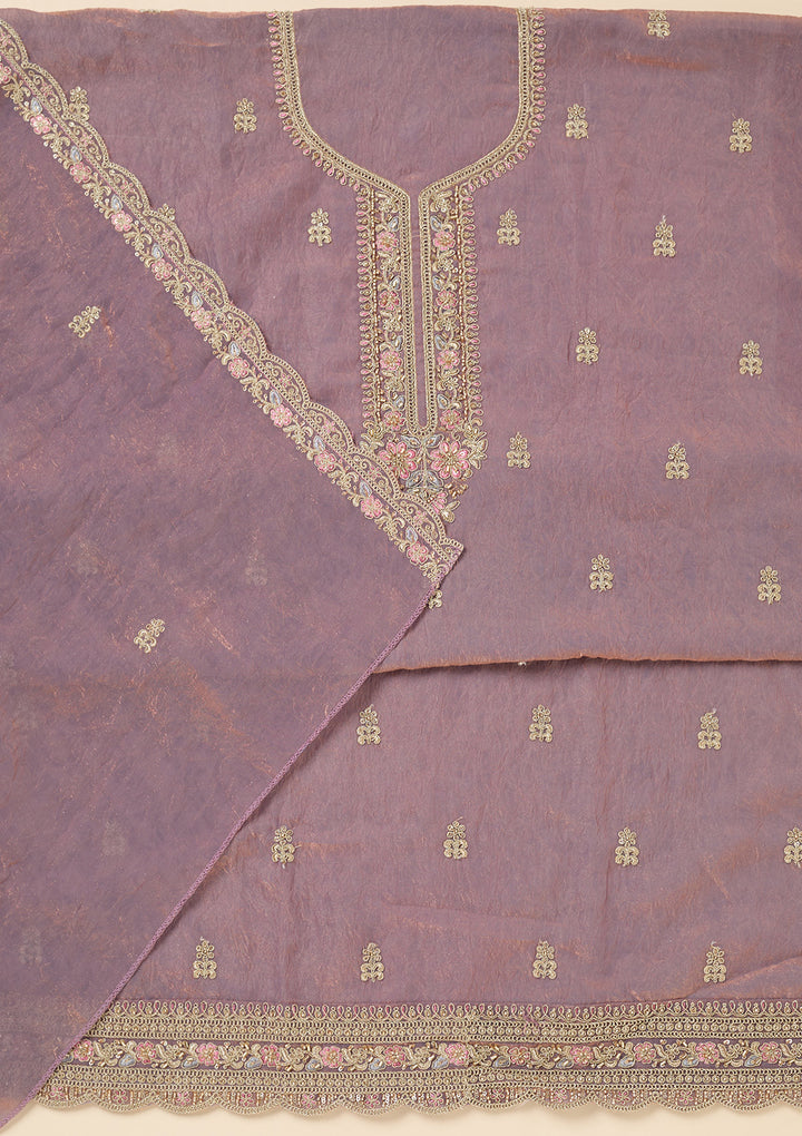 Lavender Tissue Aariwork Unstitched Dress Material With Matching Bottom And Dupatta