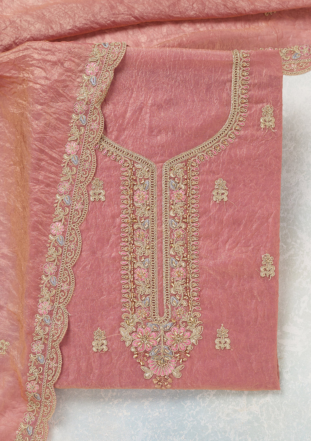 Onion Pink Aariwork Tissue Unstitched Salwar Suit