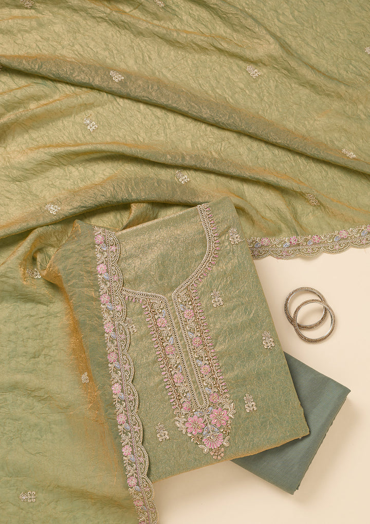 Pista Green Tissue Aariwork Unstitched Dress Material With Matching Bottom And Dupatta