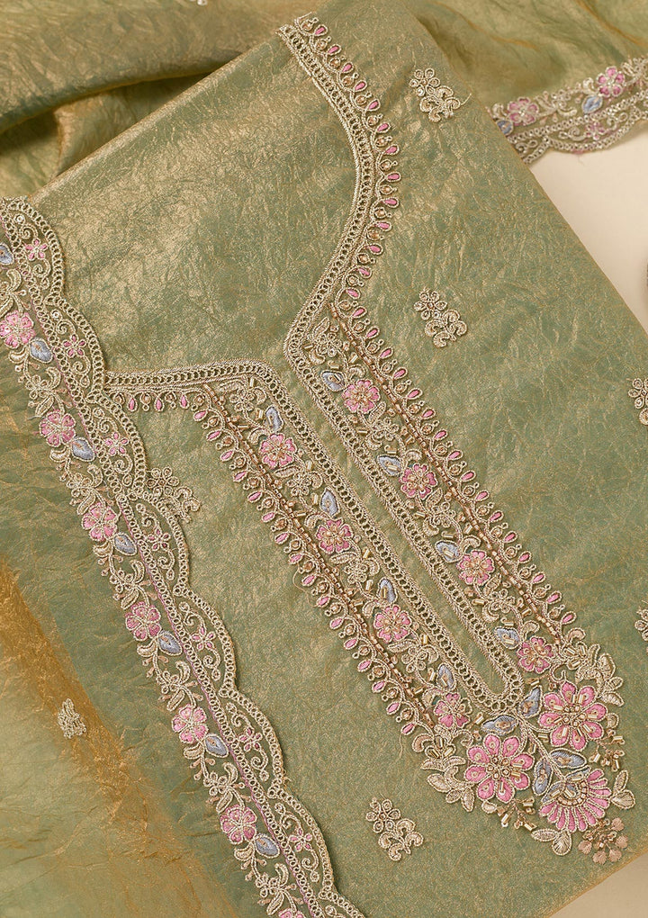 Pista Green Tissue Aariwork Unstitched Dress Material With Matching Bottom And Dupatta