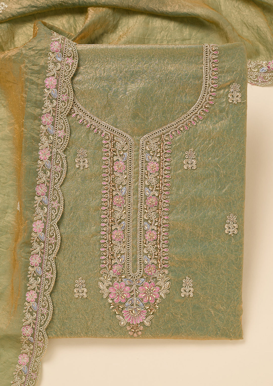 Pista Green Tissue Aariwork Unstitched Dress Material With Matching Bottom And Dupatta