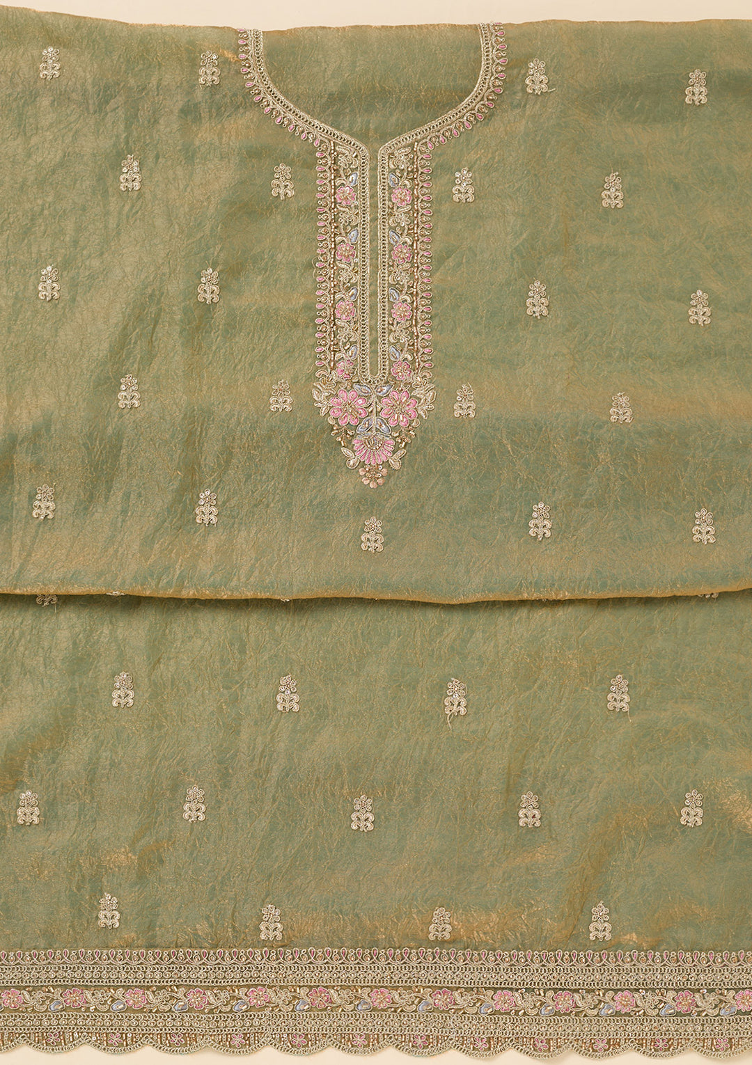 Pista Green Tissue Aariwork Unstitched Dress Material With Matching Bottom And Dupatta