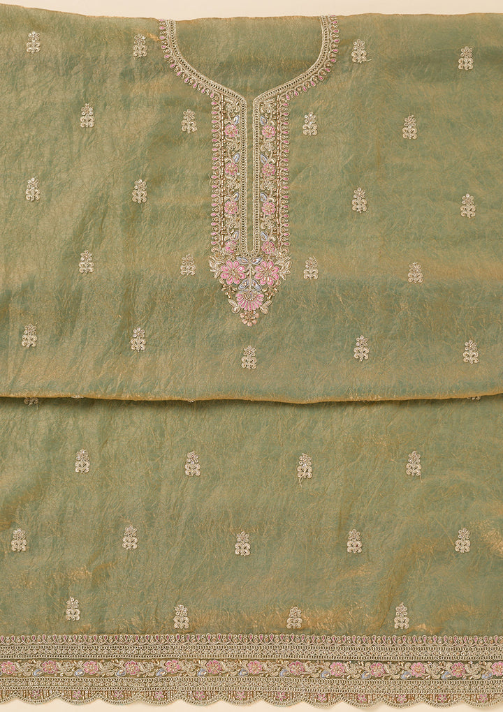 Pista Green Tissue Aariwork Unstitched Dress Material With Matching Bottom And Dupatta